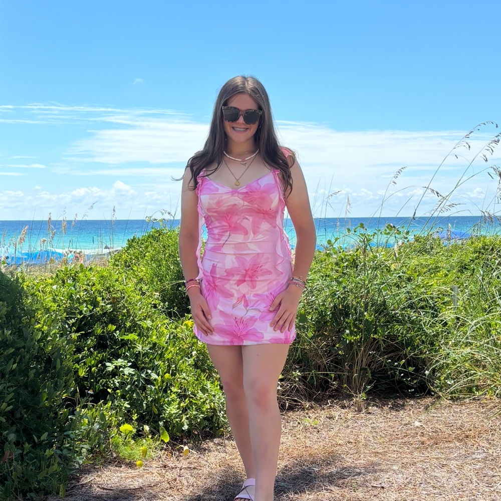 Beautiful Pink Floral Ruffle vacation Dress